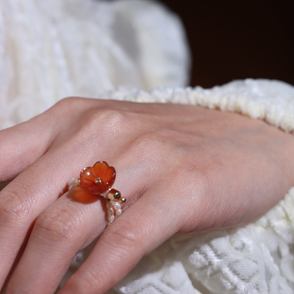 Handmade Agate Flower Pearls Ring
