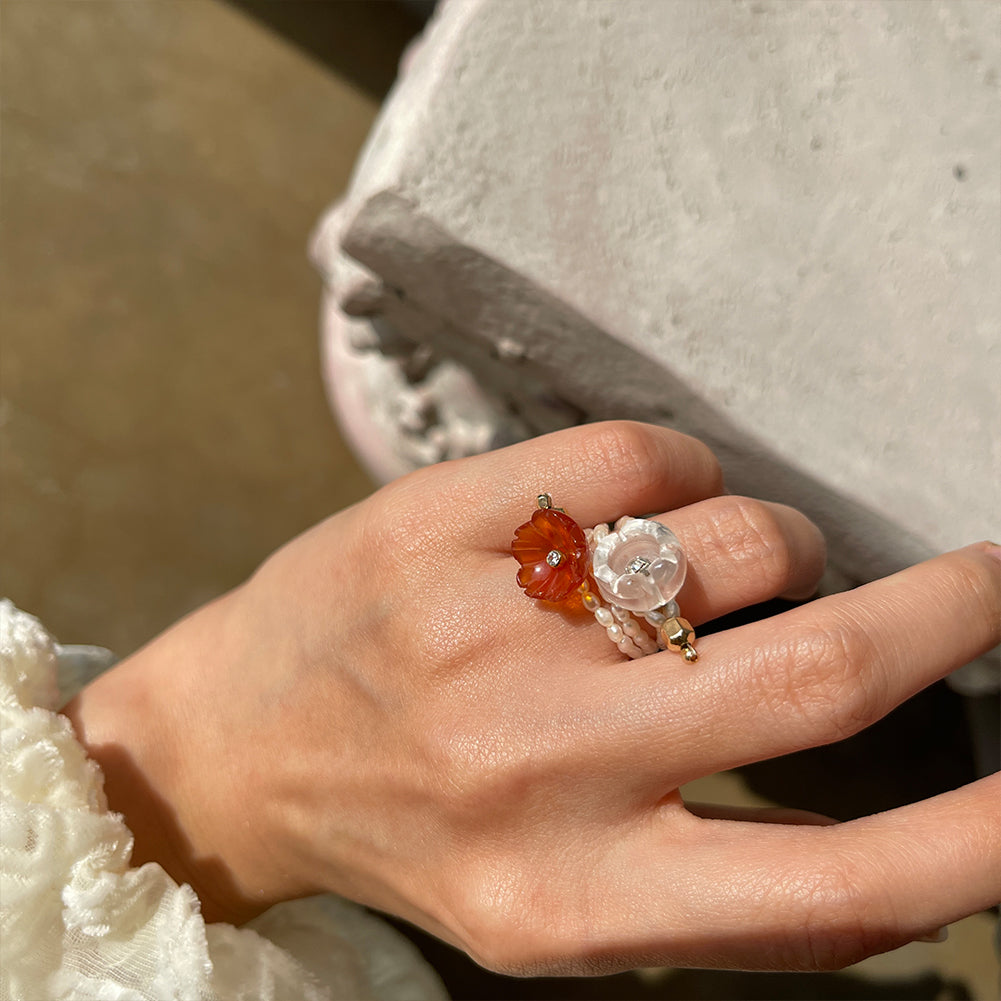 Handmade Crystal Flower Pearls Ring