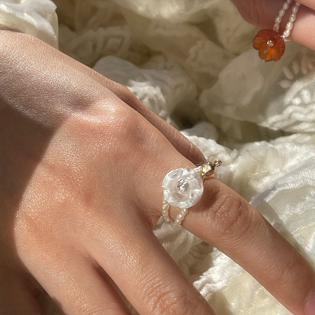 Handmade Crystal Flower Pearls Ring
