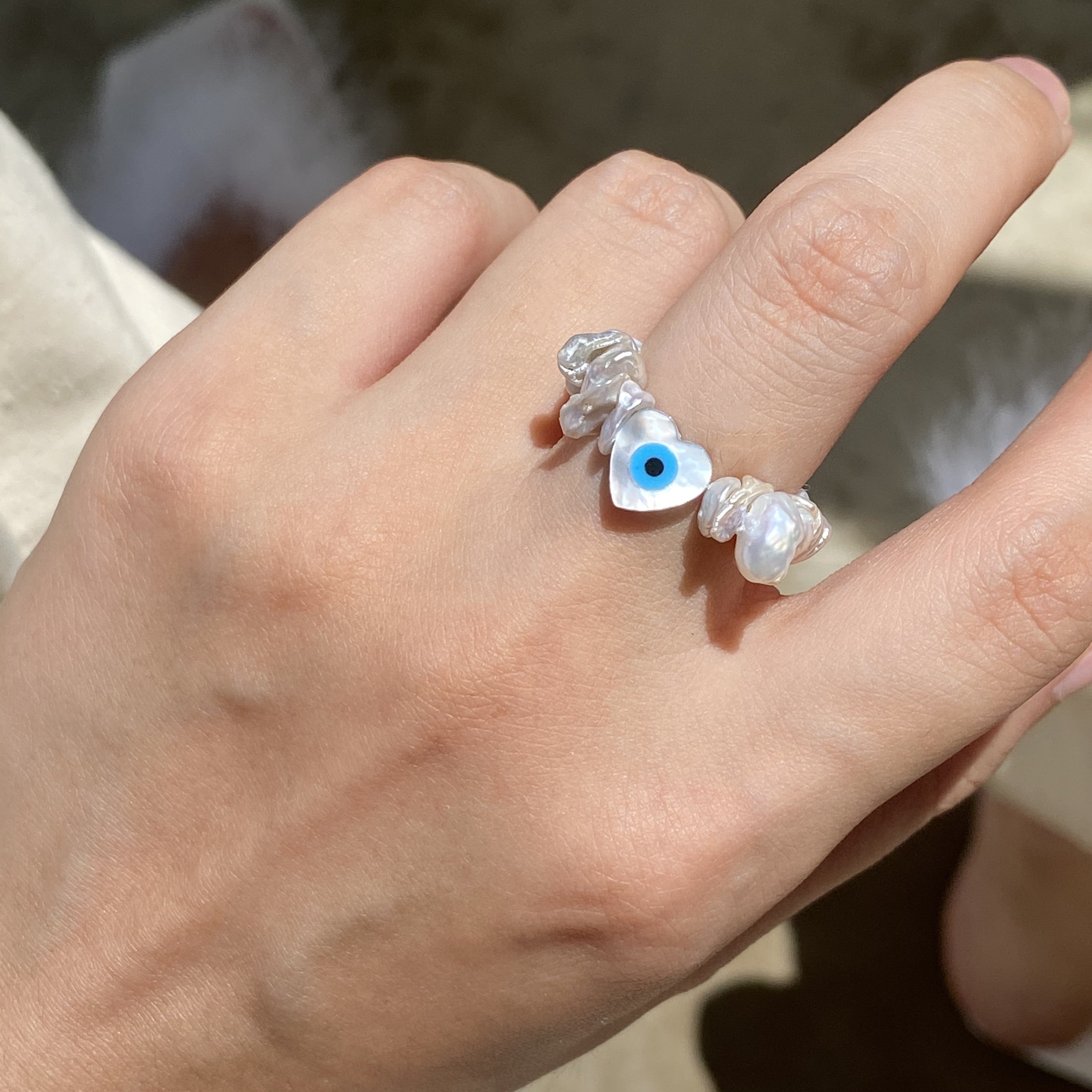 Natural White Butterfly Shell & Natural Freshwater Pearl Devil's Eye Handmade Ring