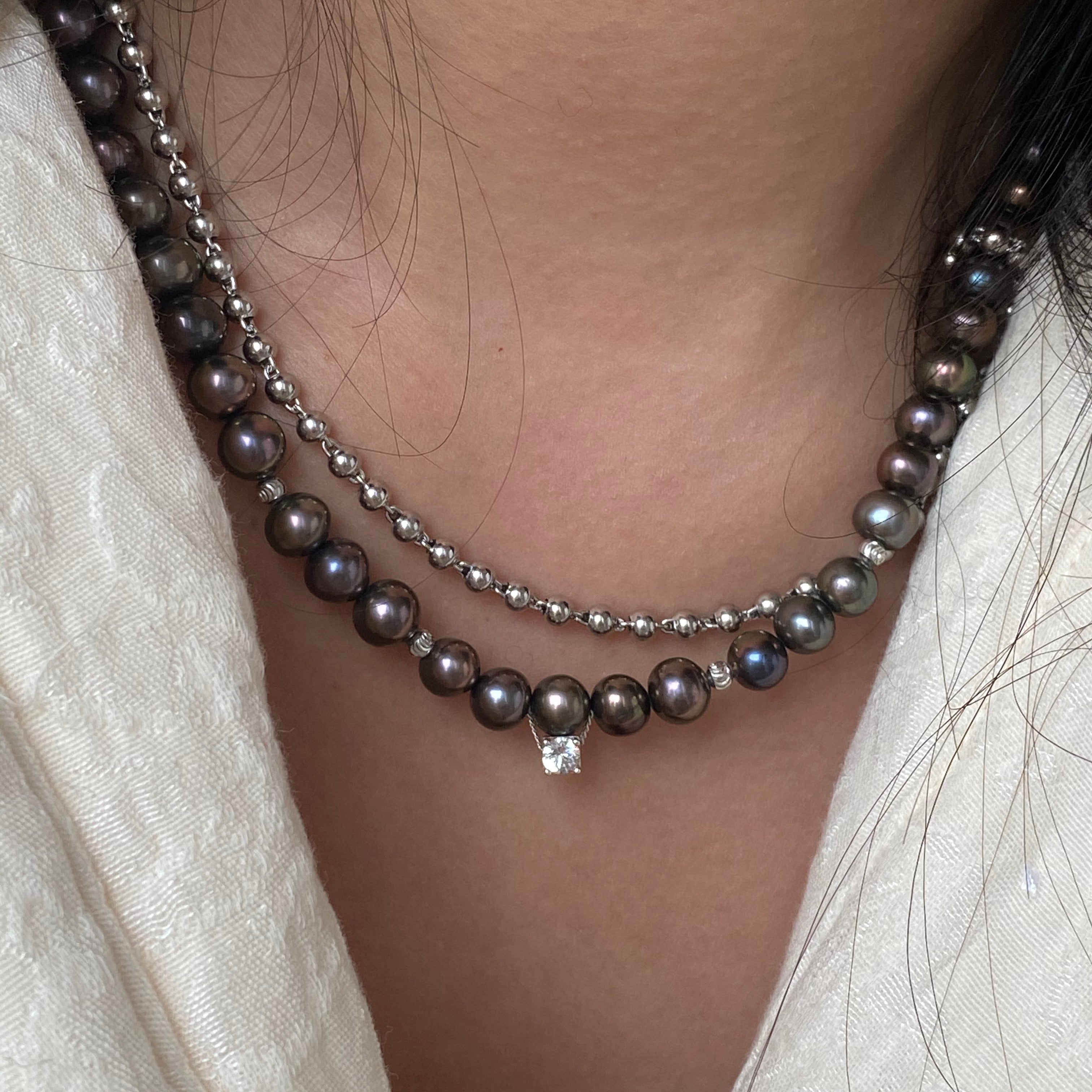 S925 Silver Shiny Black Pearl Handmade Necklace/ Clavicle Chain/ Unisex