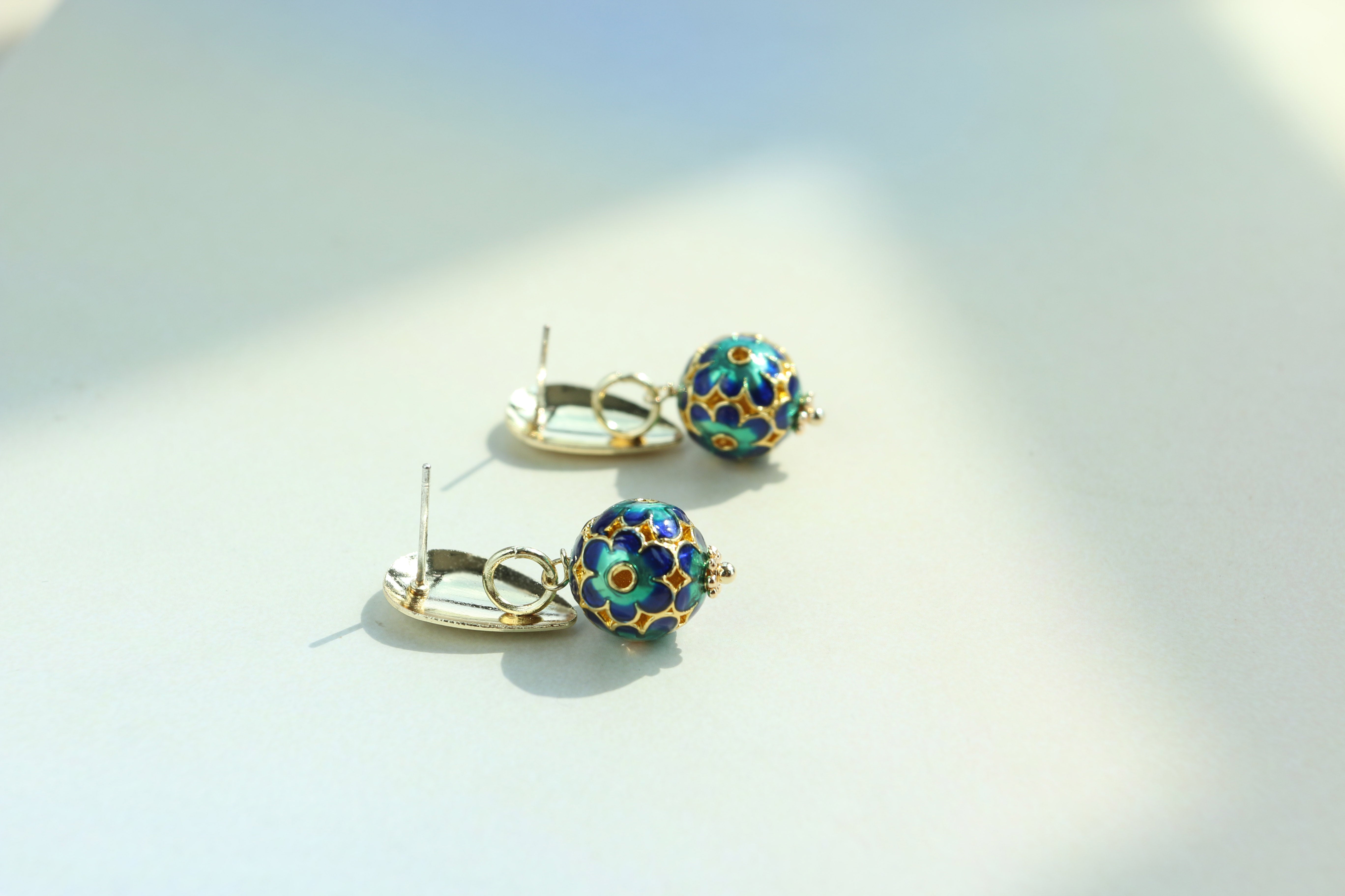 Blue Metal Cloisonne Vintage Handmade Earrings