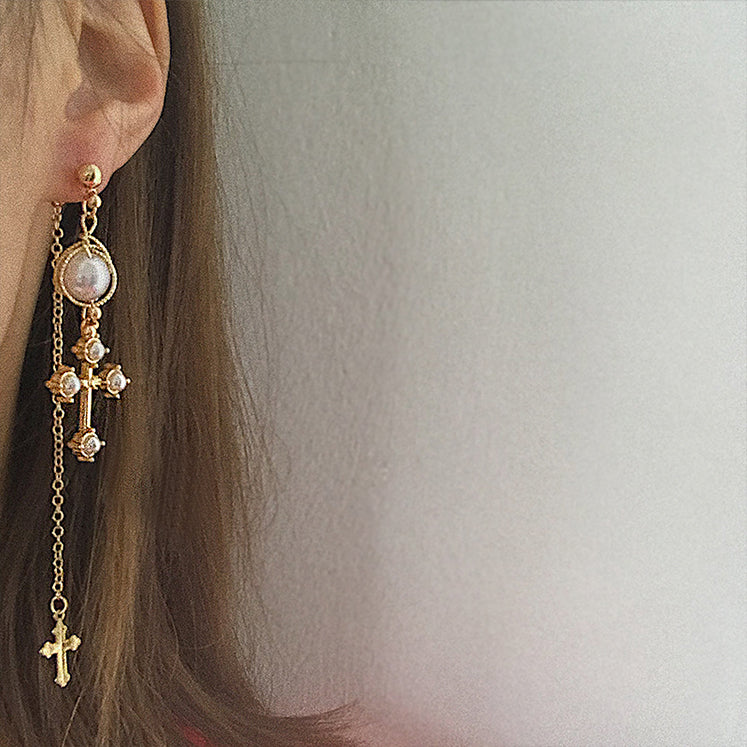 Cross Chain Pearl Asymmetric Handmade Earrings