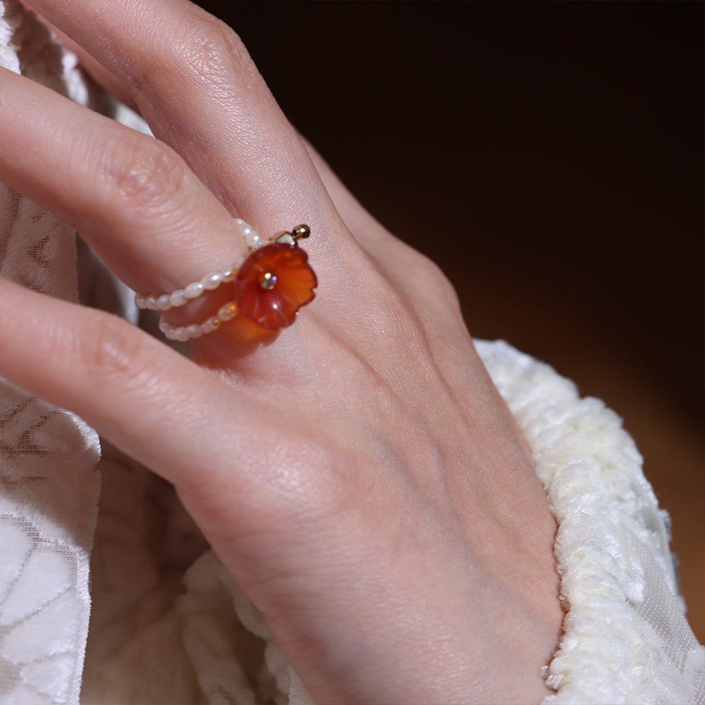Handmade Agate Flower Pearls Ring