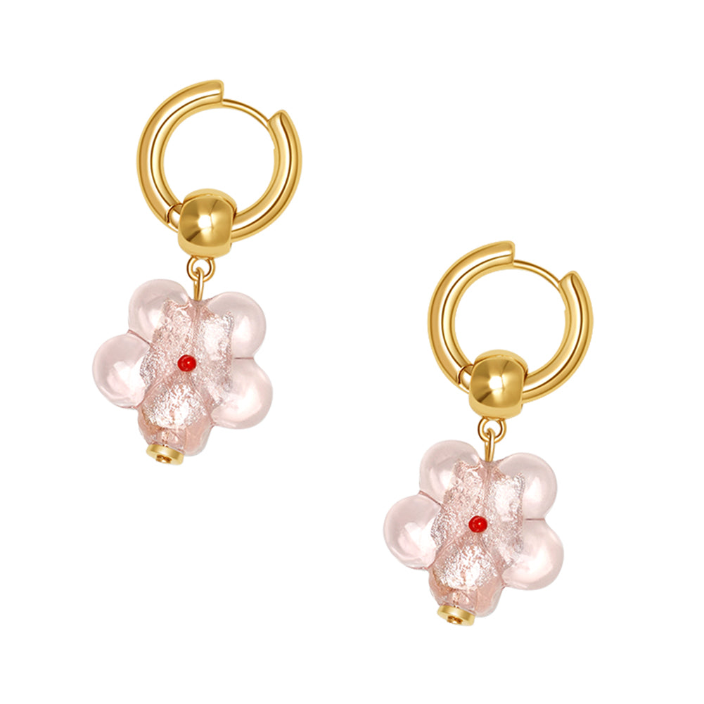 Peach Pink Glazed Flower Handmade Pendant Earrings