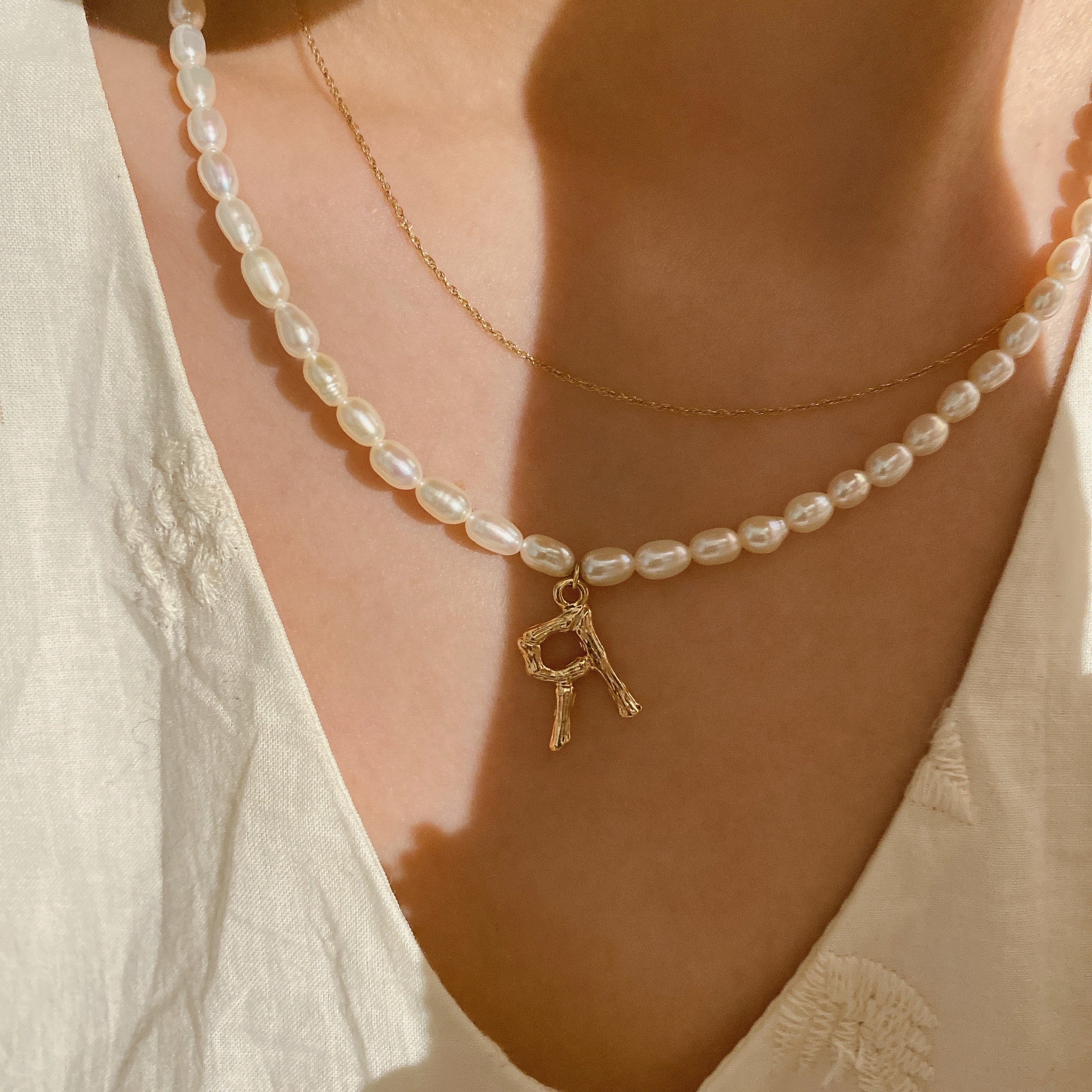 Handmade Natural Pearls 14K Gold-Covered Letter Necklace