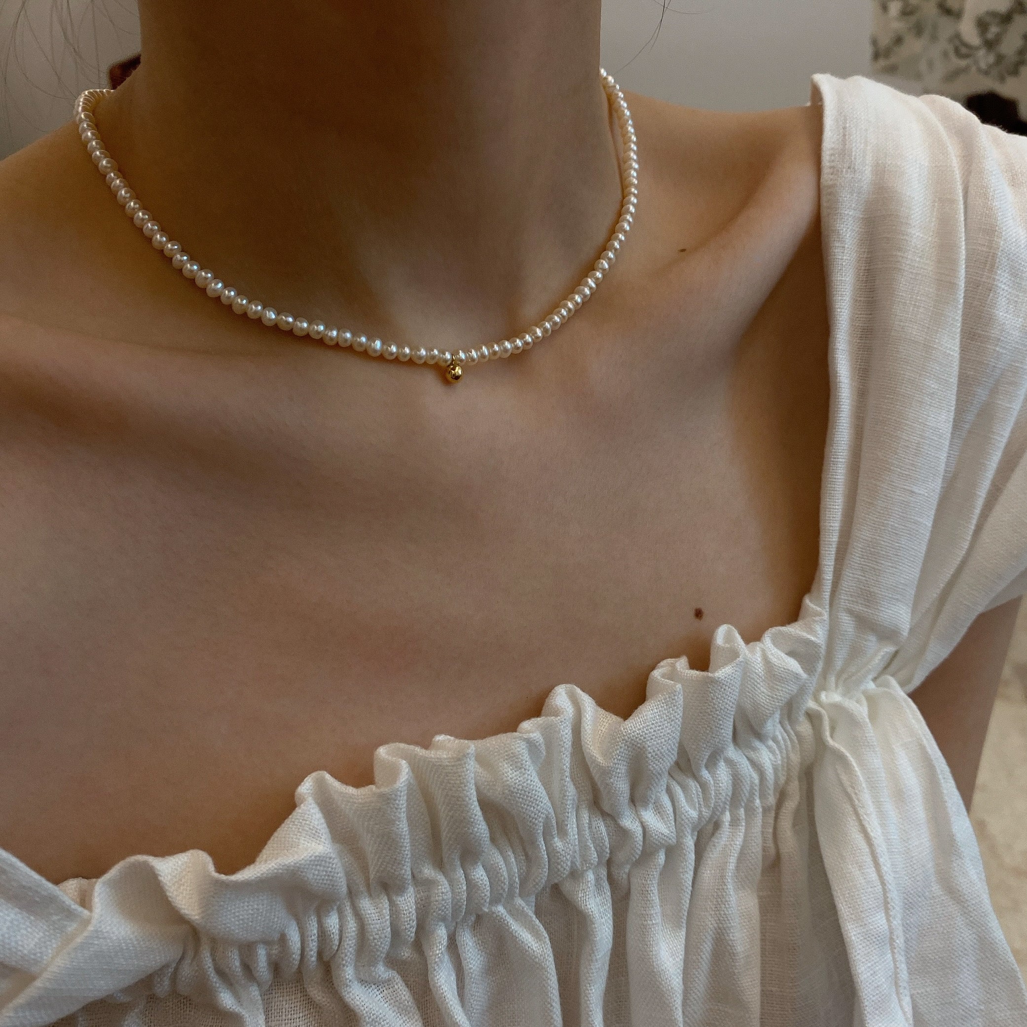 Gold Bean Choker Natural Pearl Vintage 14K Clad Gold Handmade Necklace