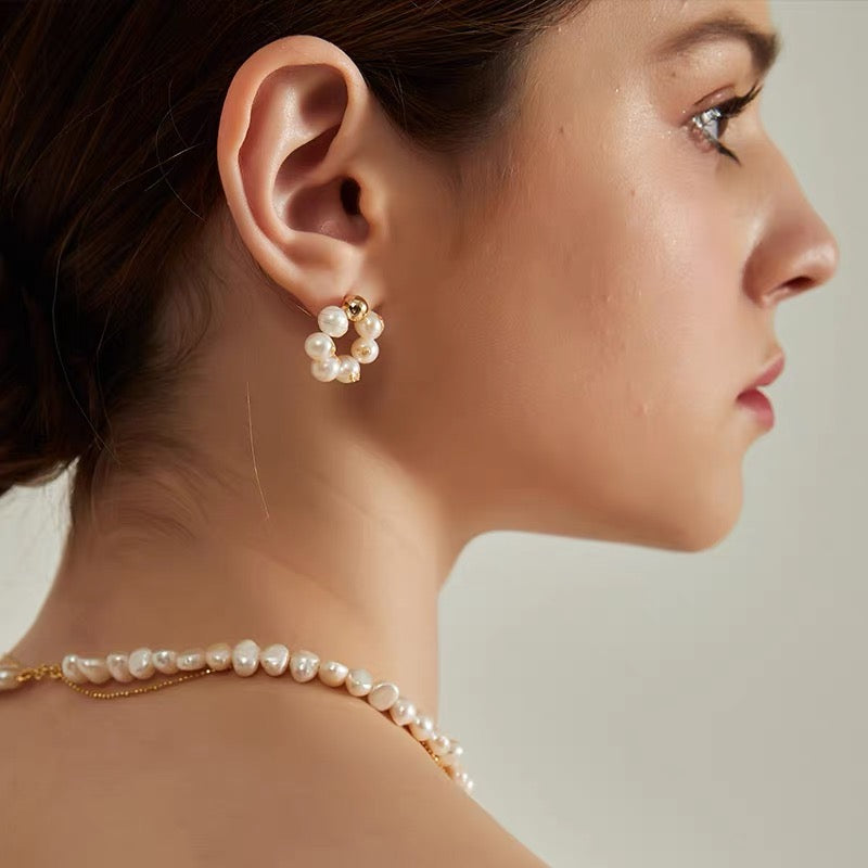 Sweet Baroque Pearl Golden Flower Earrings