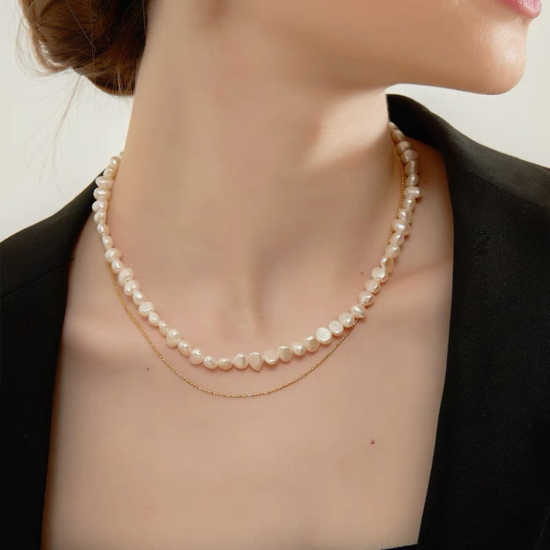 Double Layer 2 in 1 Natural Baroque Pearl 18k Gold-Plated Bead Necklace