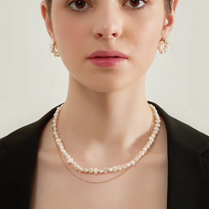 Double Layer 2 in 1 Natural Baroque Pearl 18k Gold-Plated Bead Necklace