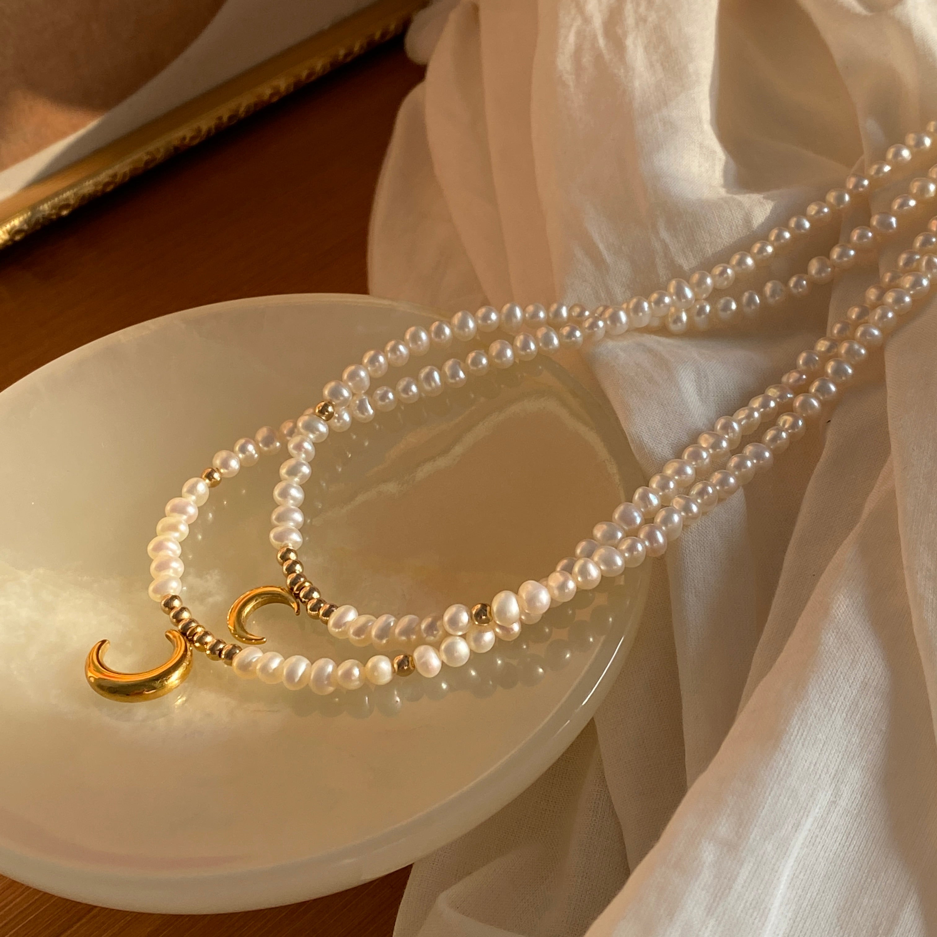 Handmade Crescent Moon Natural Pearl 14K Gold Clad Necklace