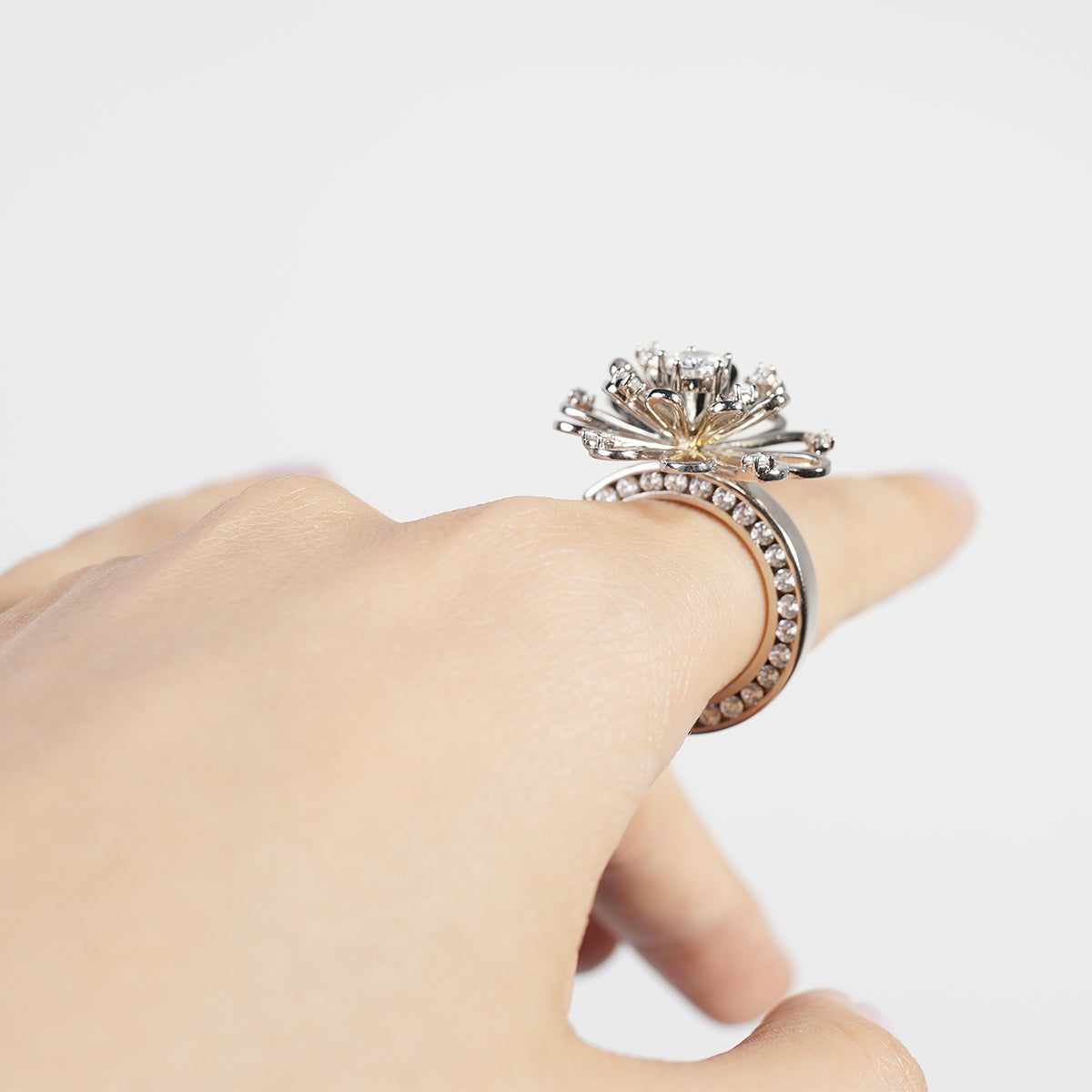 Original Design Flower/Lotus High Quality Full Diamond Zircon Handmade Open Ring (Adjustable)