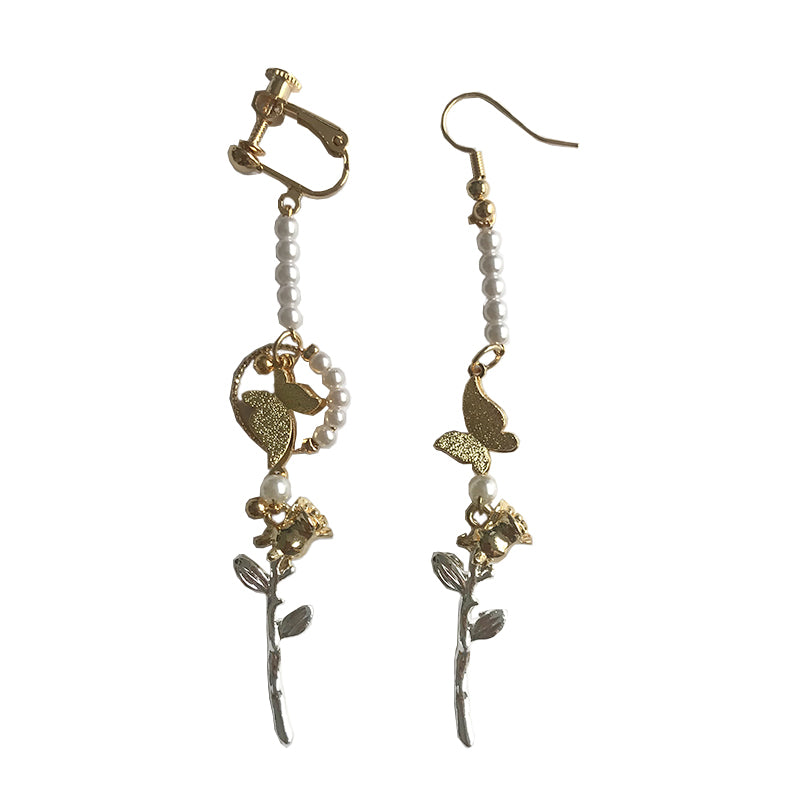 Hand-Made Pearl Butterfly Gold and Silver Rose Earrings