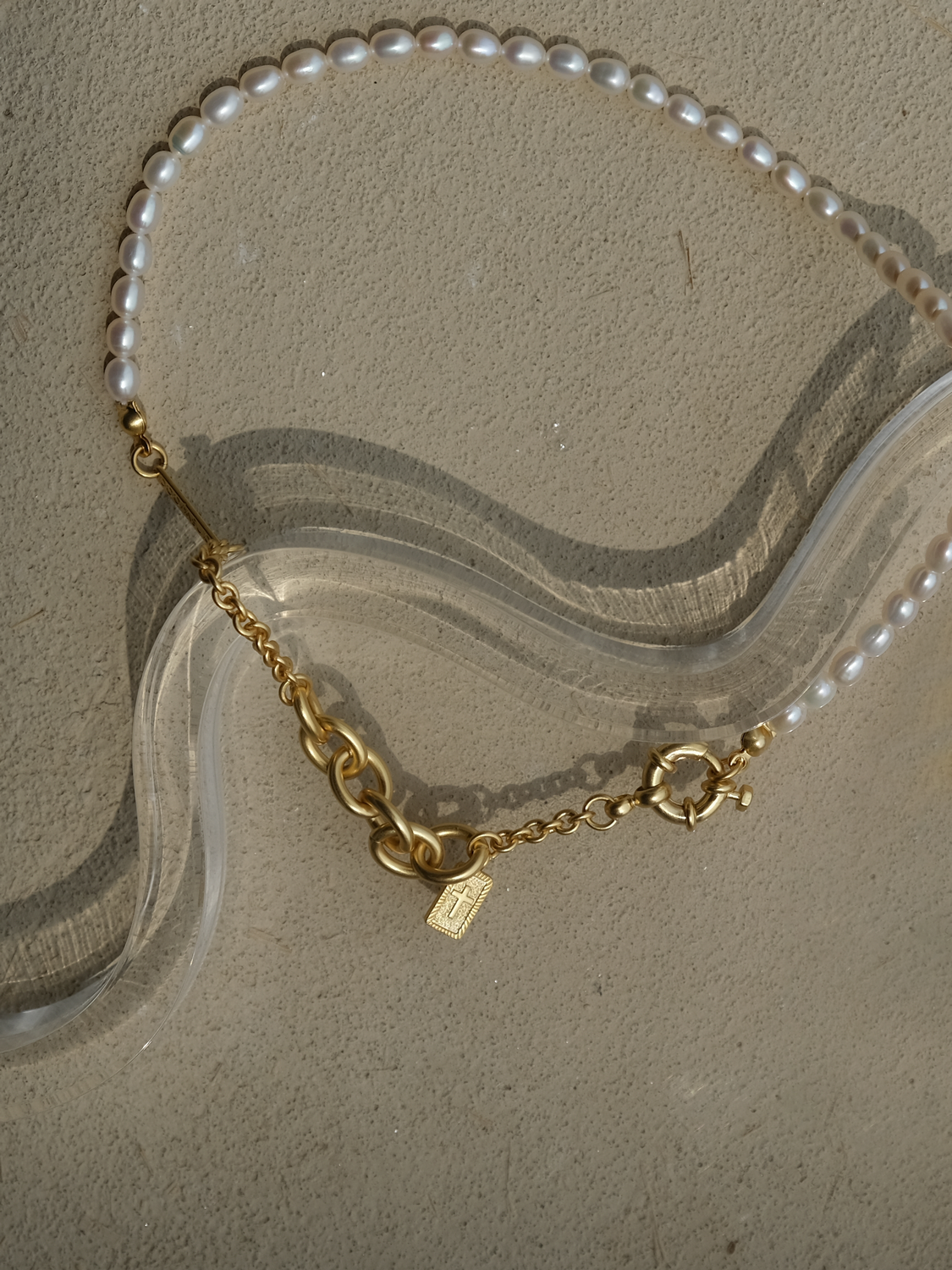 Cross Half Chain Half Pearl Golden Necklace