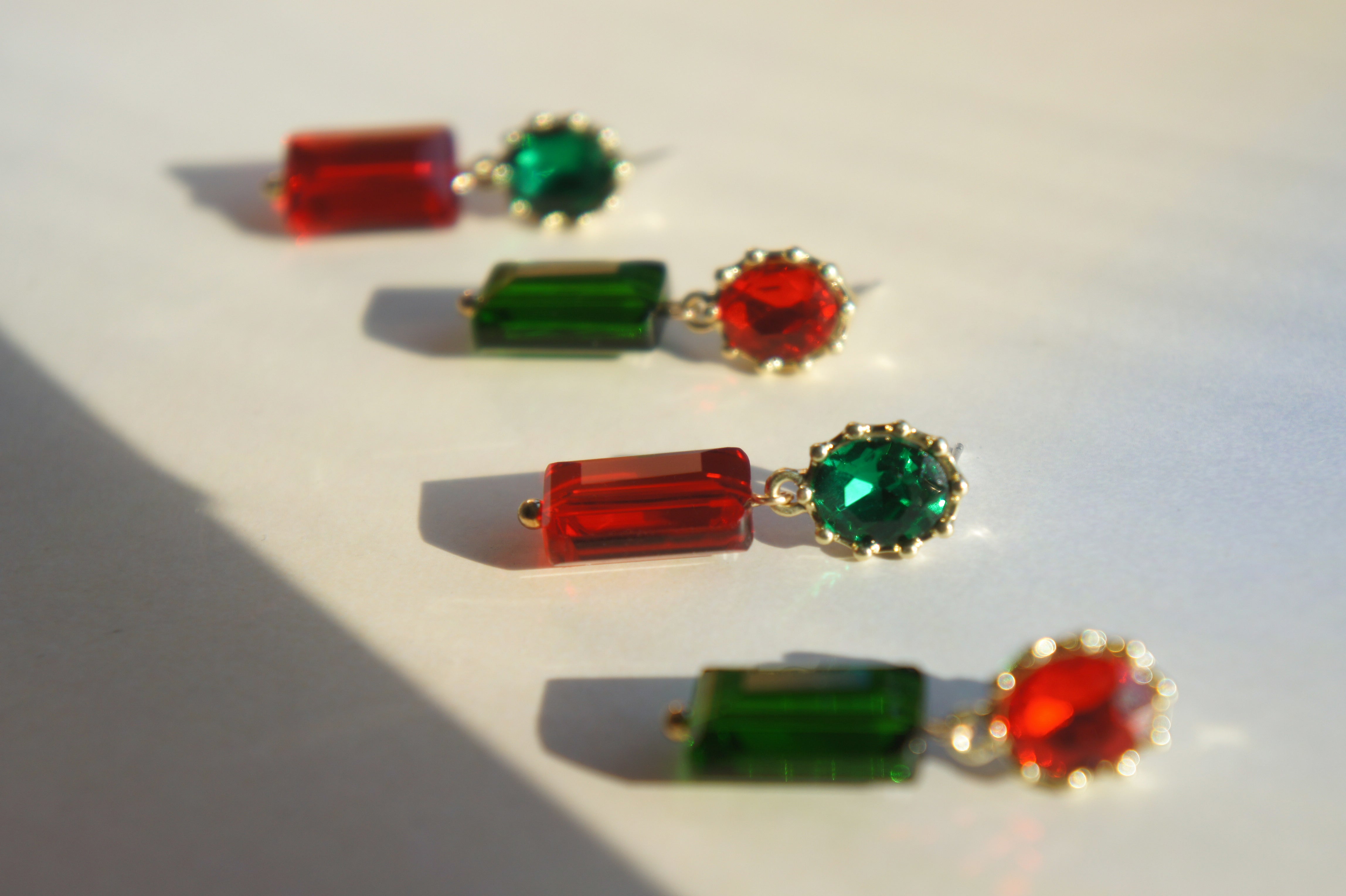 Christmas-Red and Green Geometric Crystal Handmade Earrings