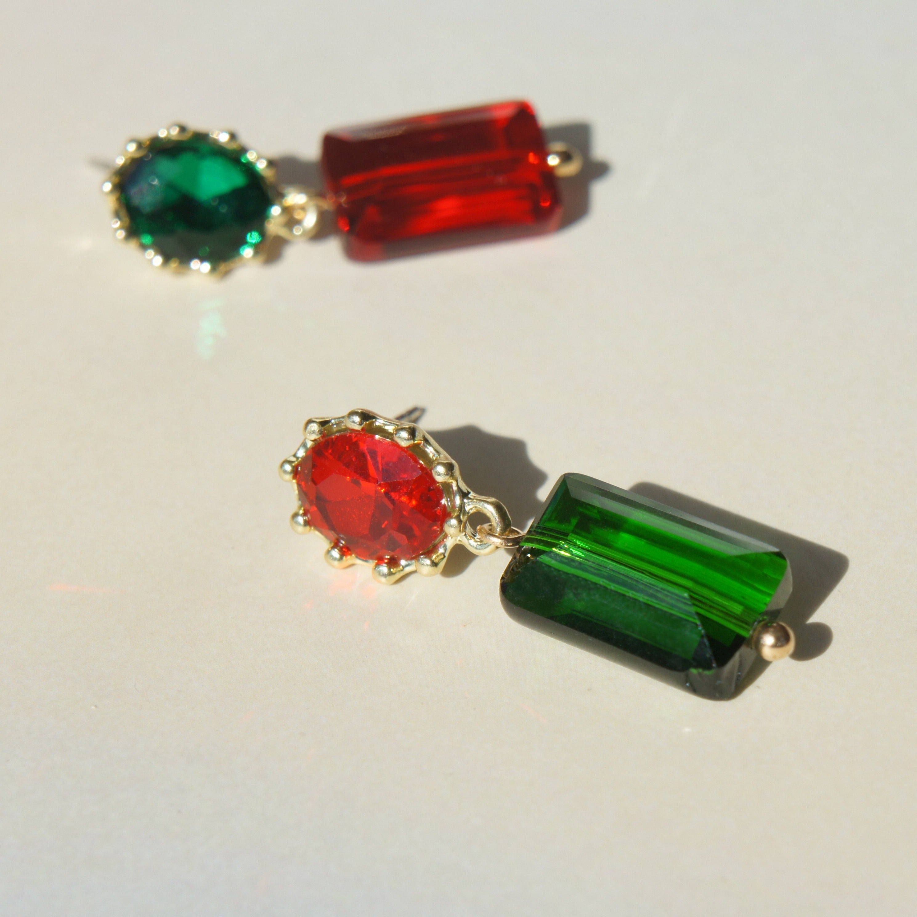 Christmas-Red and Green Geometric Crystal Handmade Earrings