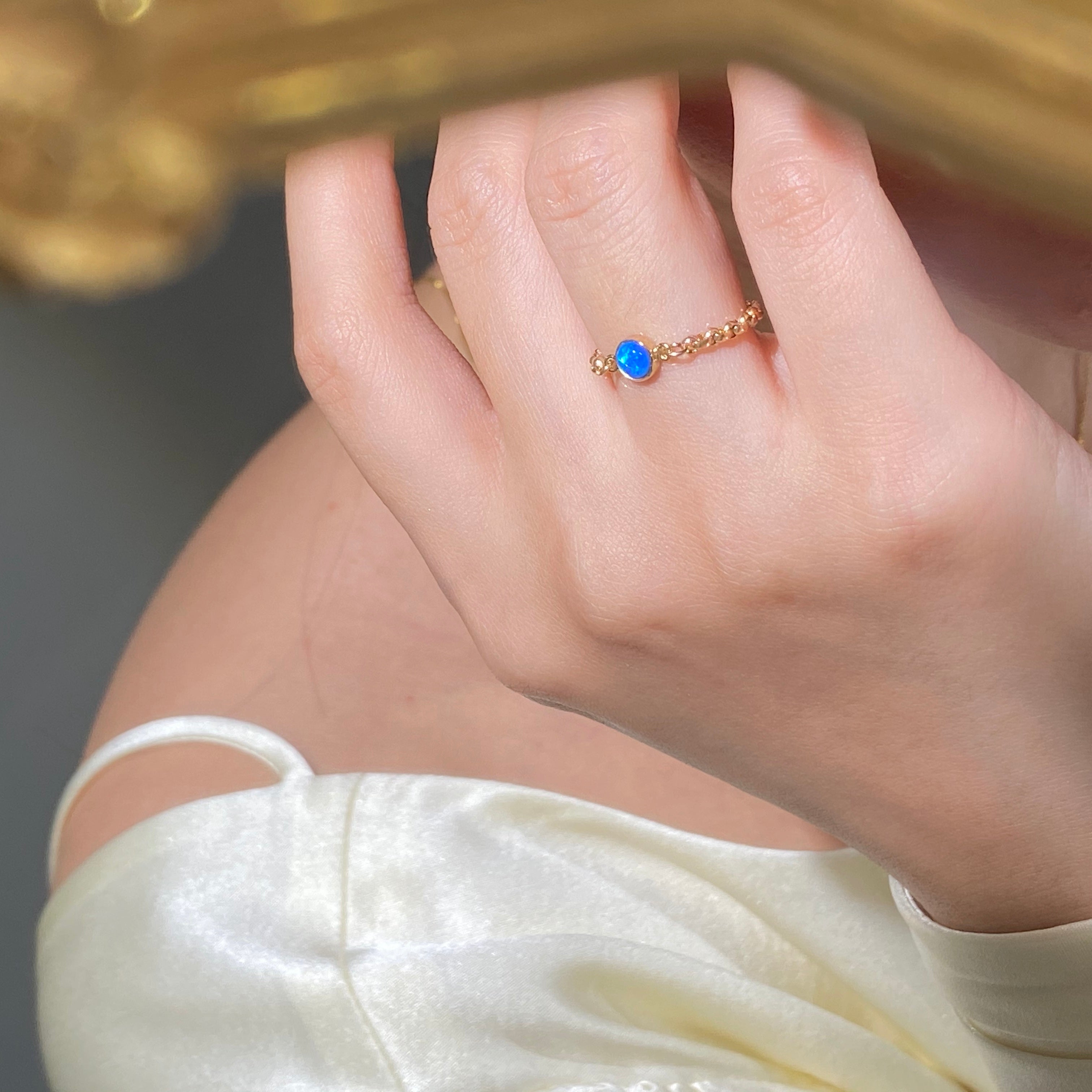 14k Gold Handmade Injection Chain Opal Ring-Blue