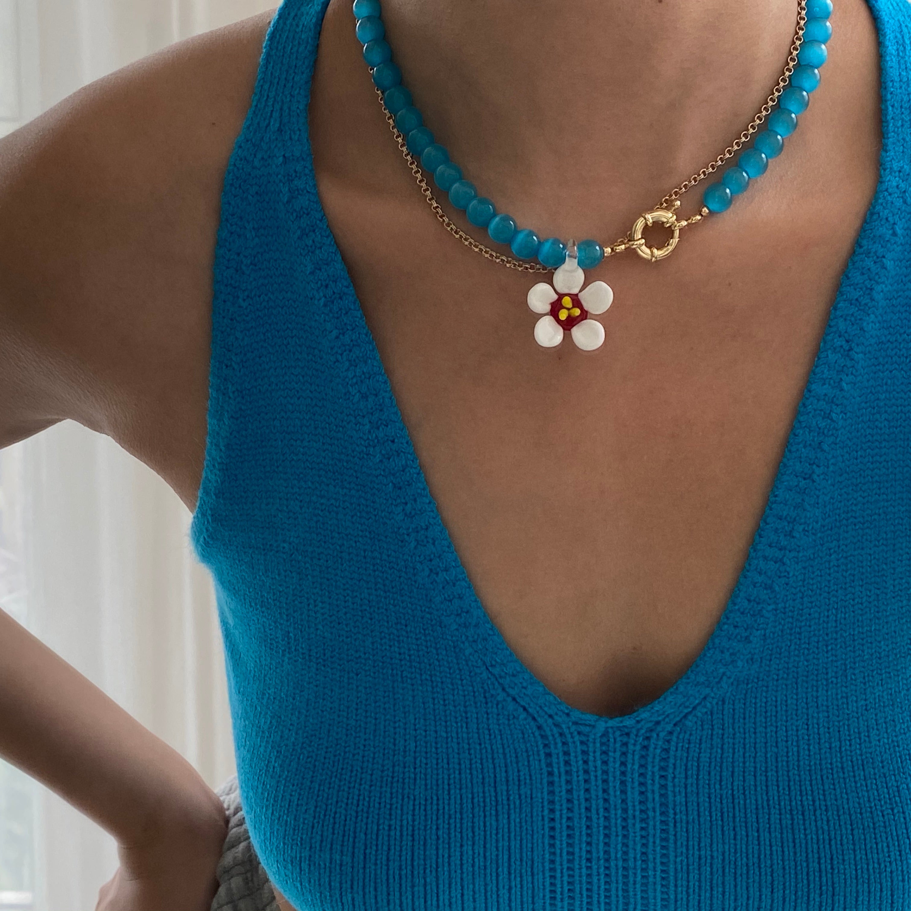 Handmade Glass Colored Flower Necklace