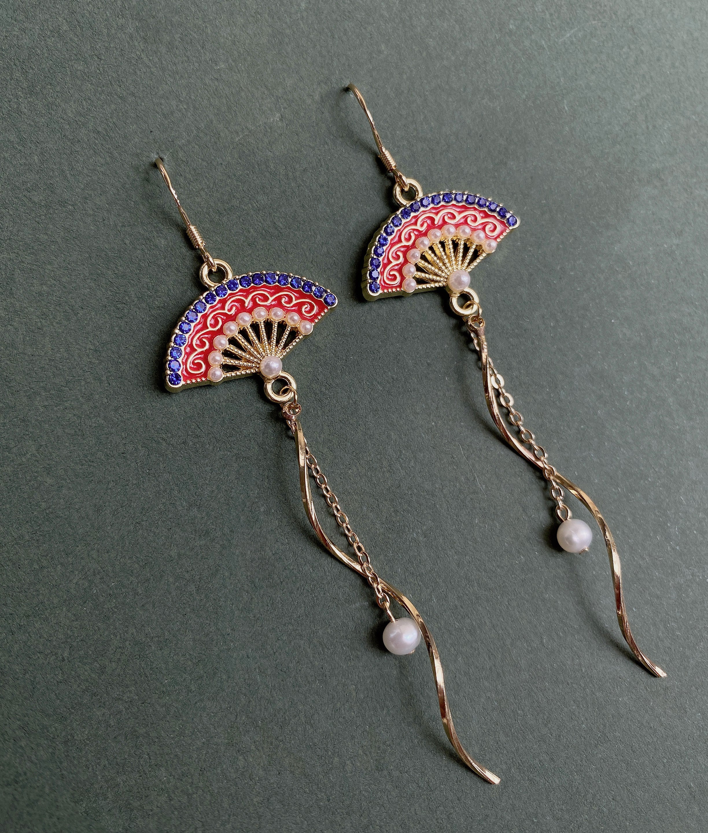Chinese Style Red Fan Drop Handmade Earrings