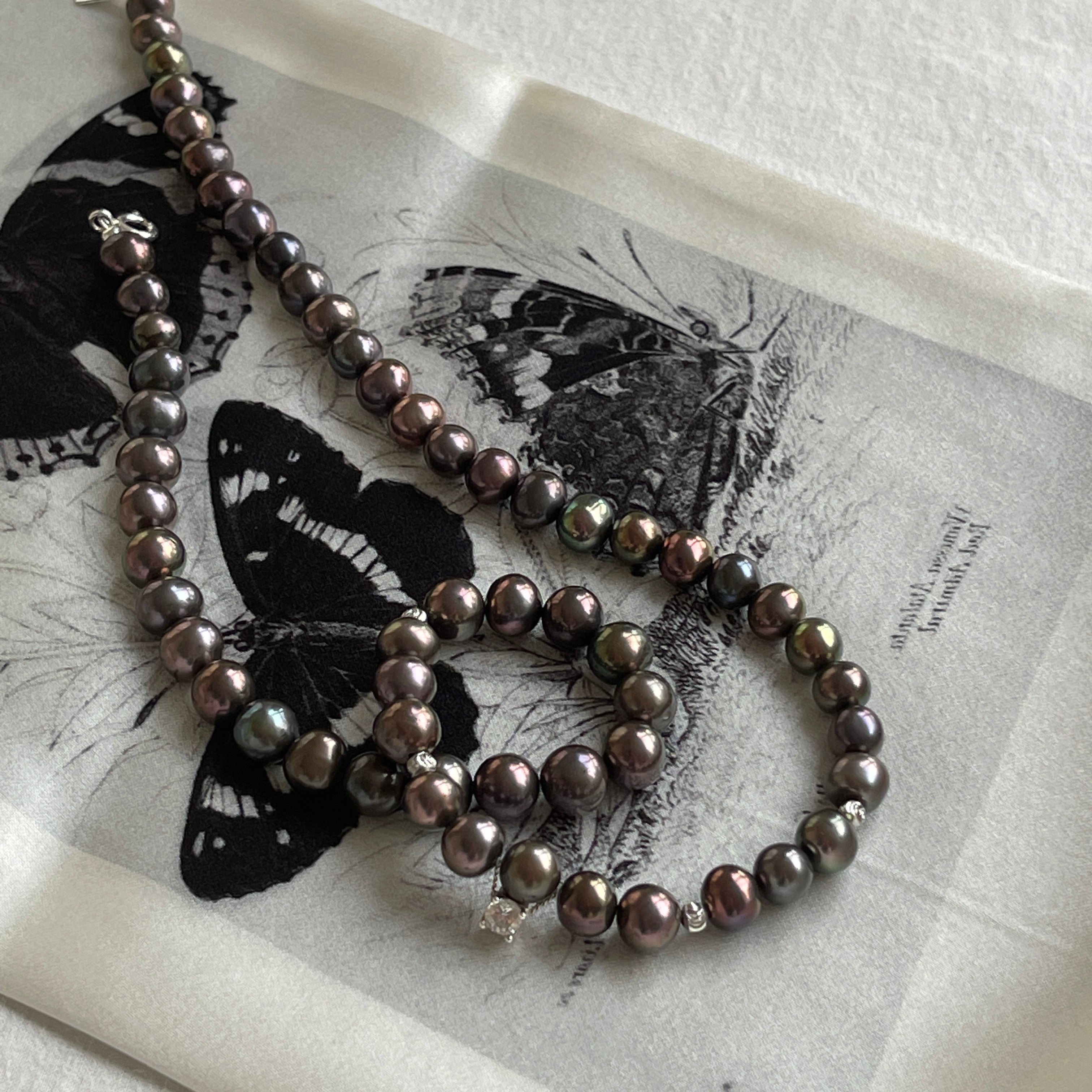 S925 Silver Shiny Black Pearl Handmade Necklace/ Clavicle Chain/ Unisex