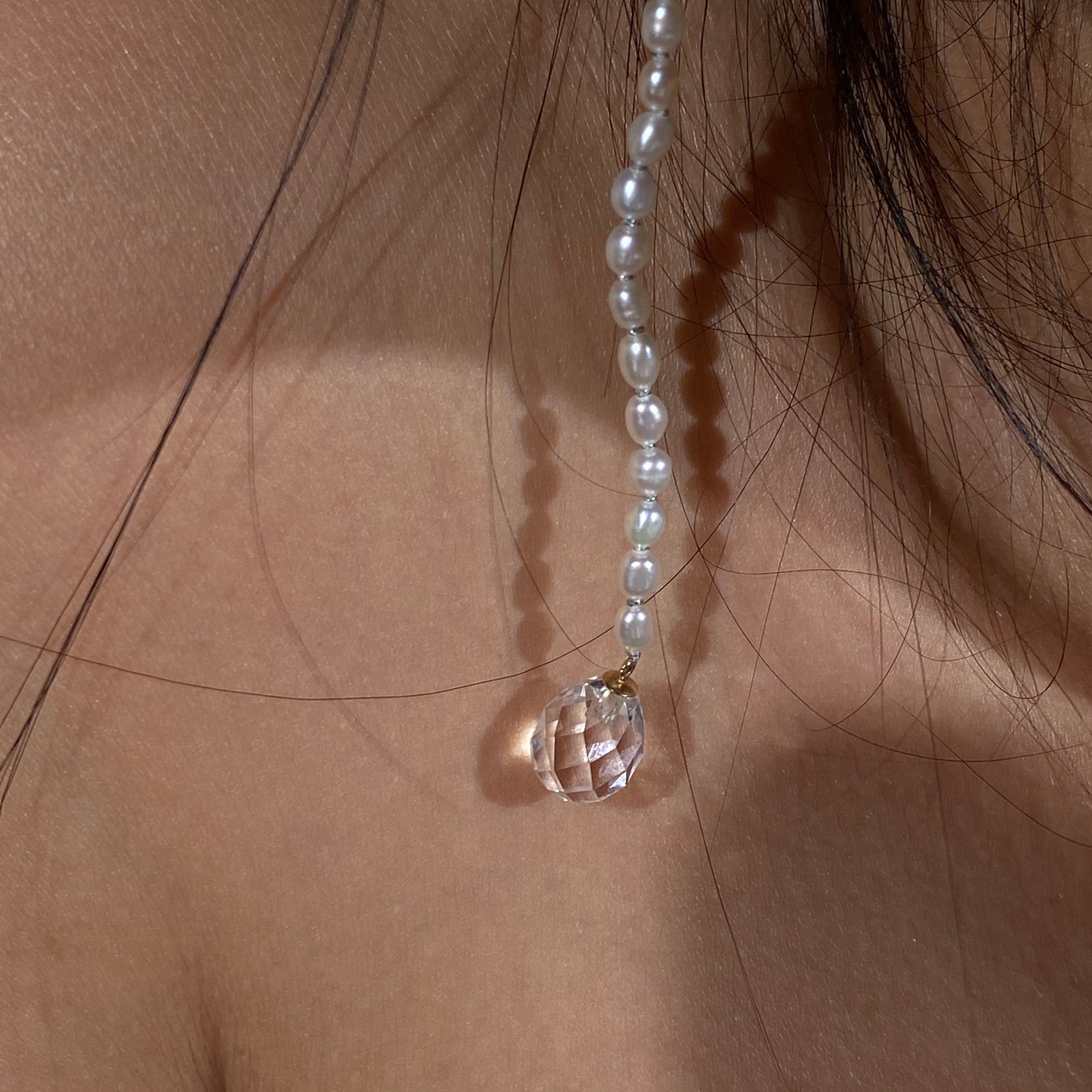 Natural Pearl Silver Knot Natural White Crystal Small Bulb Long Handmade Earrings