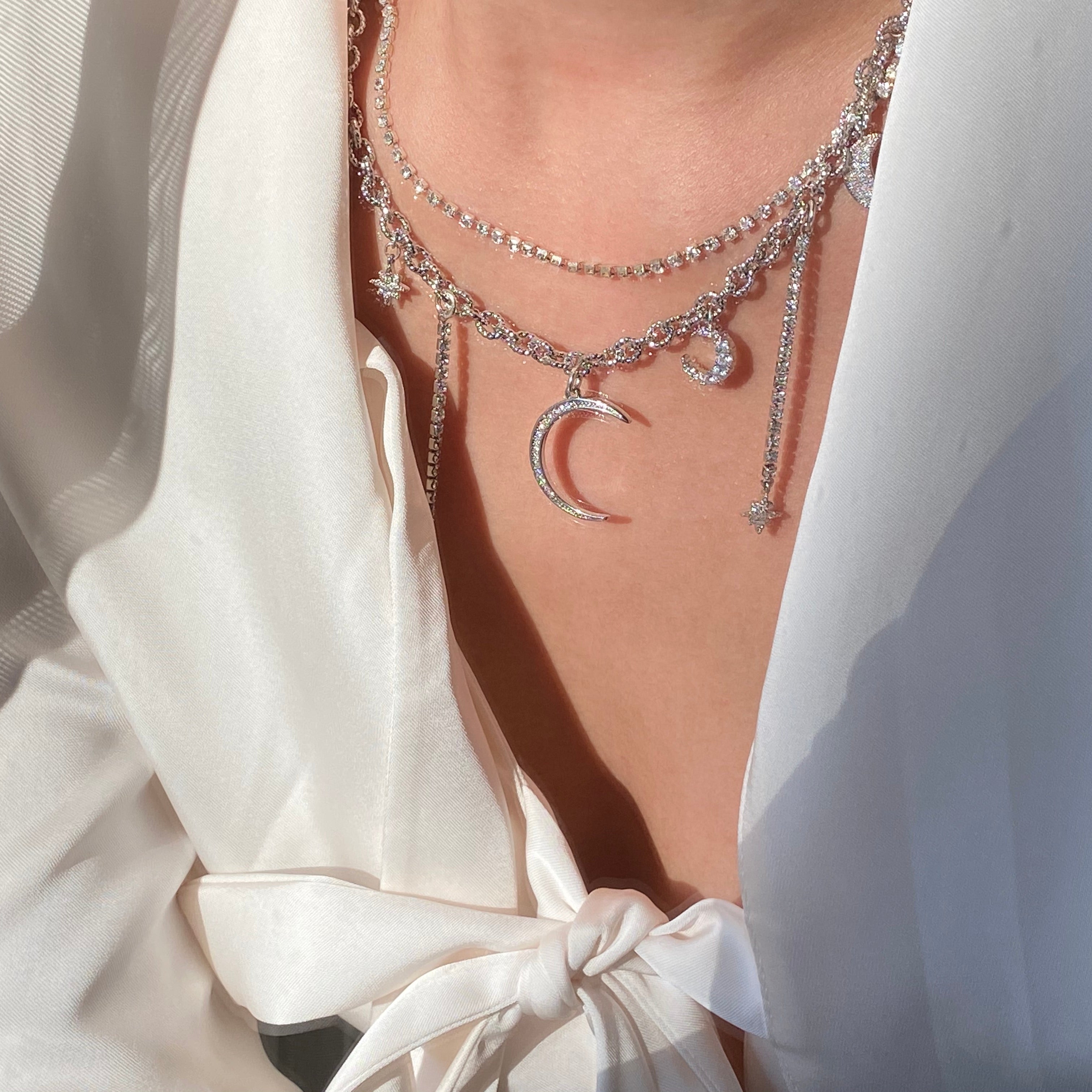 Shiny Star and Moon Double Necklace / Clavicle Handmade Chain