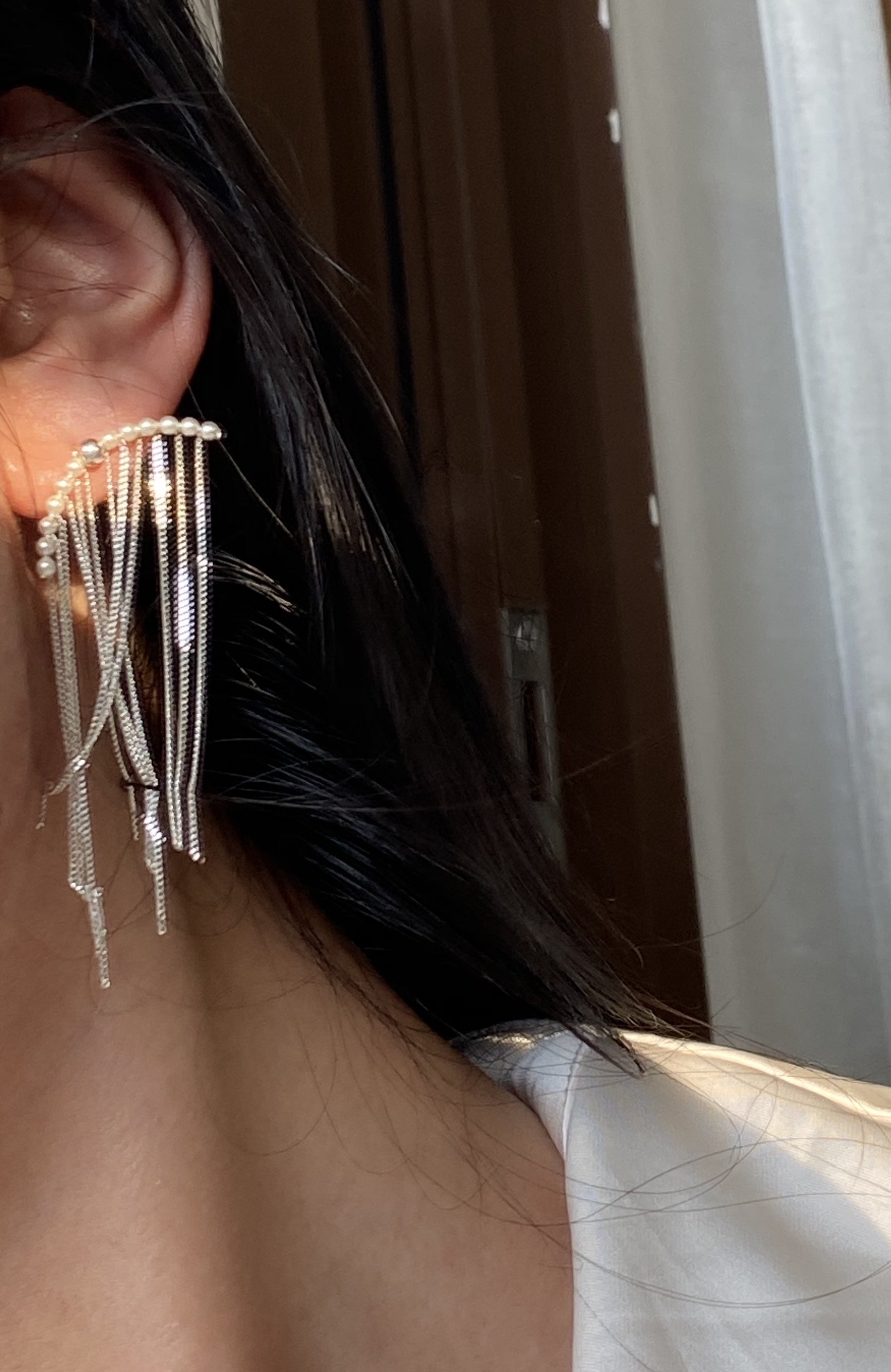 Unique Pearl Sterling Silver Tassel Waterfall Earrings