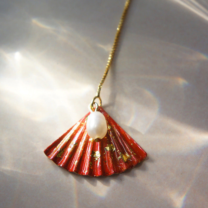 Vintage Red Fan-Shaped Pearl Earrings