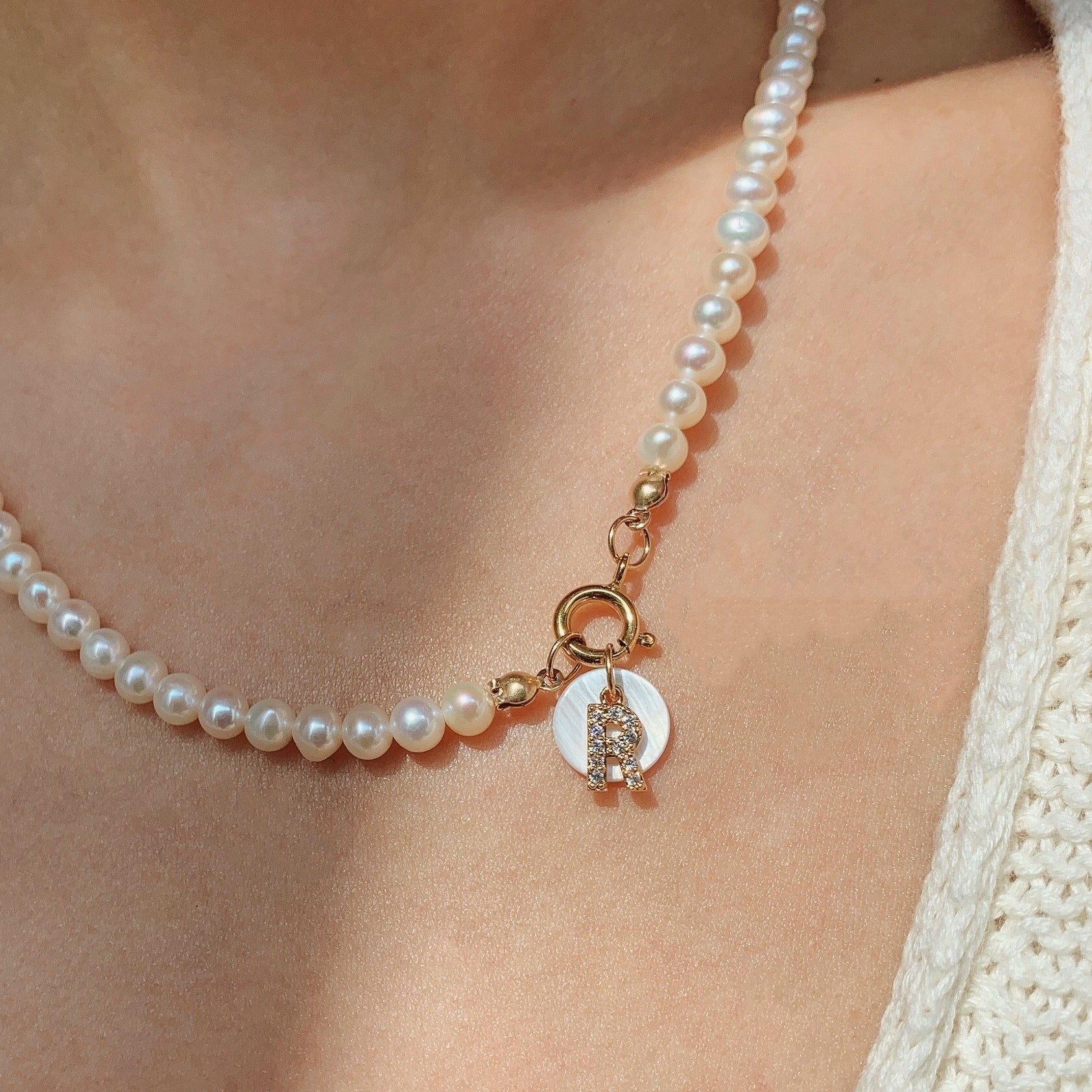 Natural Pearl 14K Gold-Covered Handmade Letter Necklace