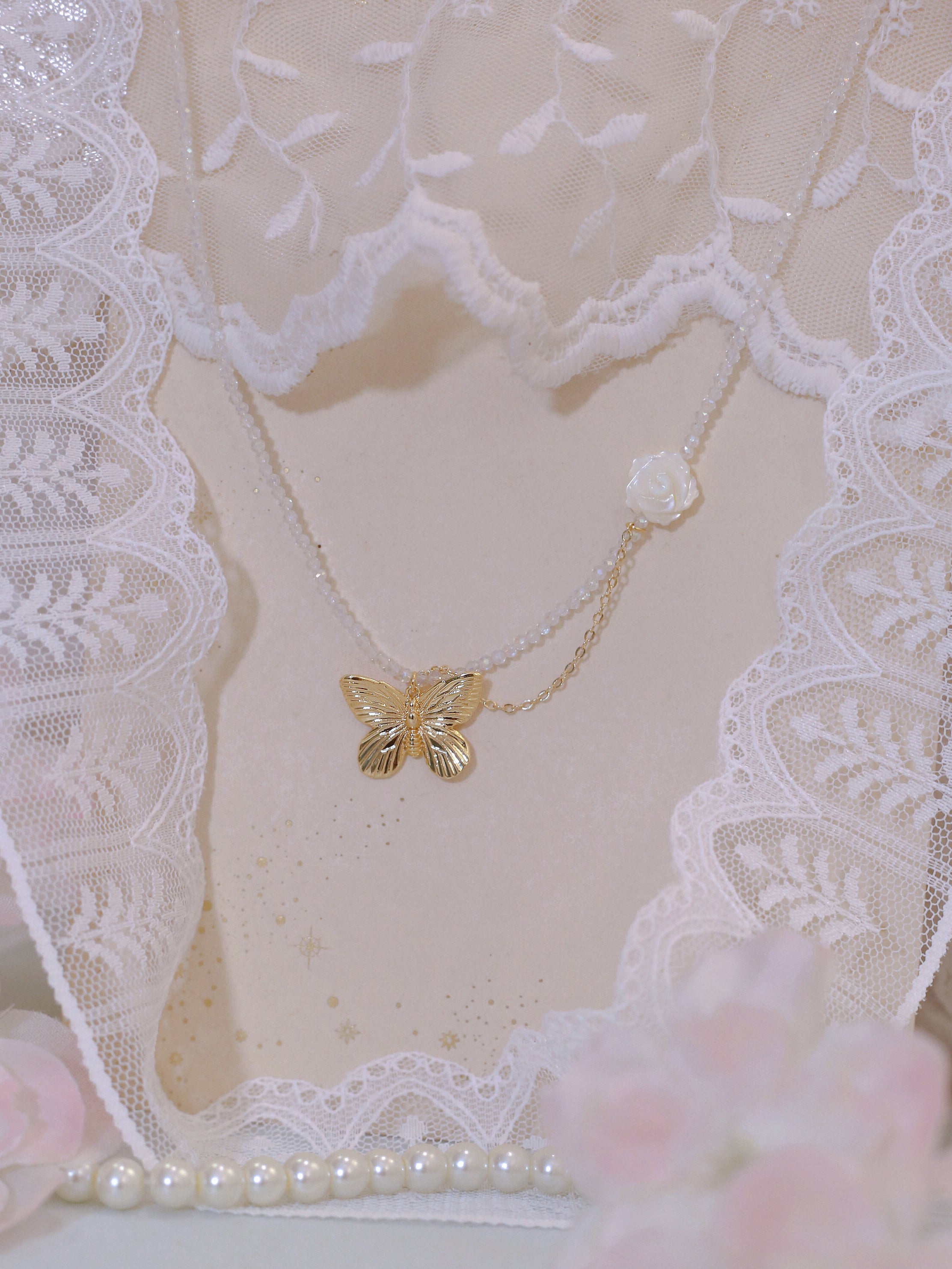 Golden Butterfly And White Rose Handmade Necklace/Choker