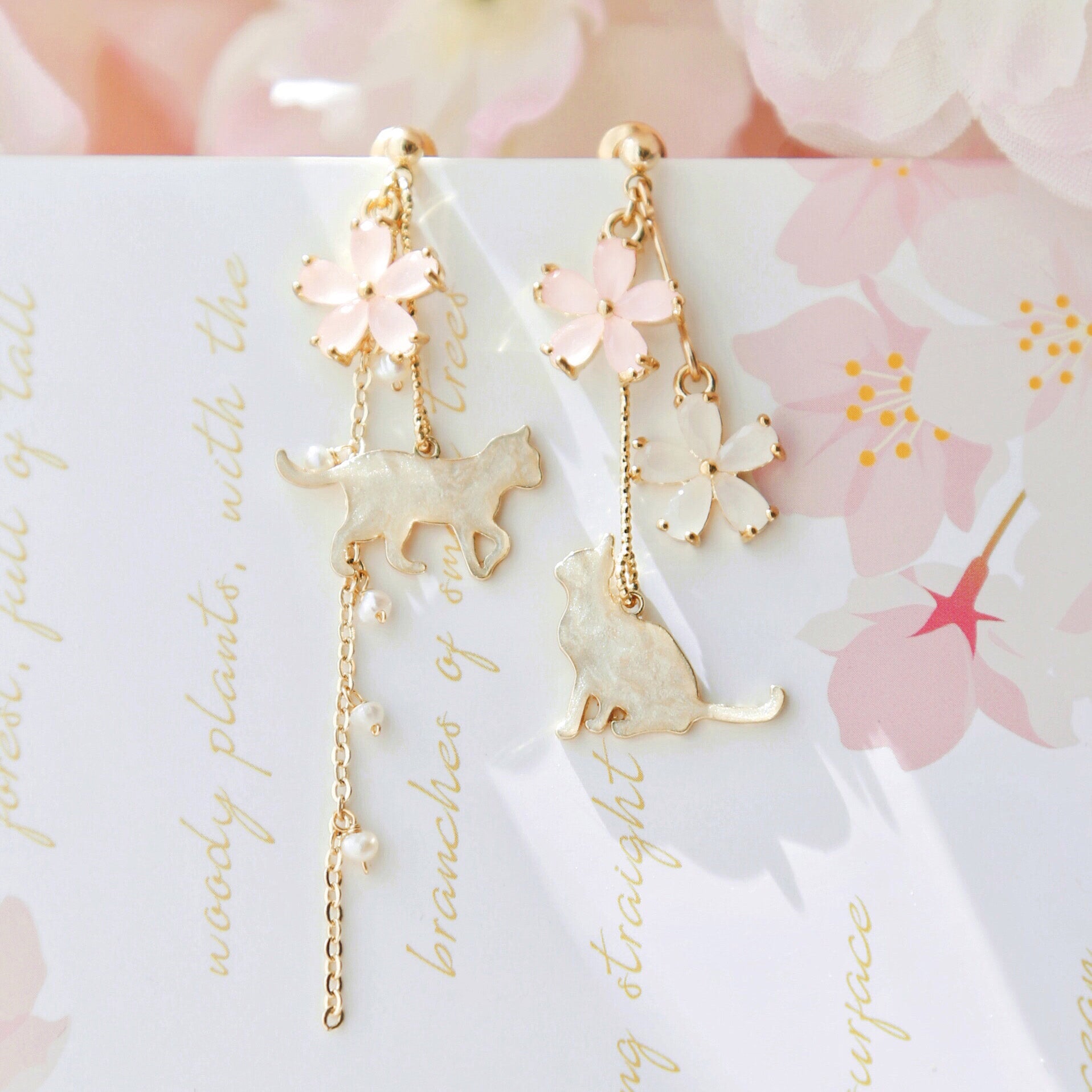 Asymmetric Sakura and Kitty Handmade Earrings