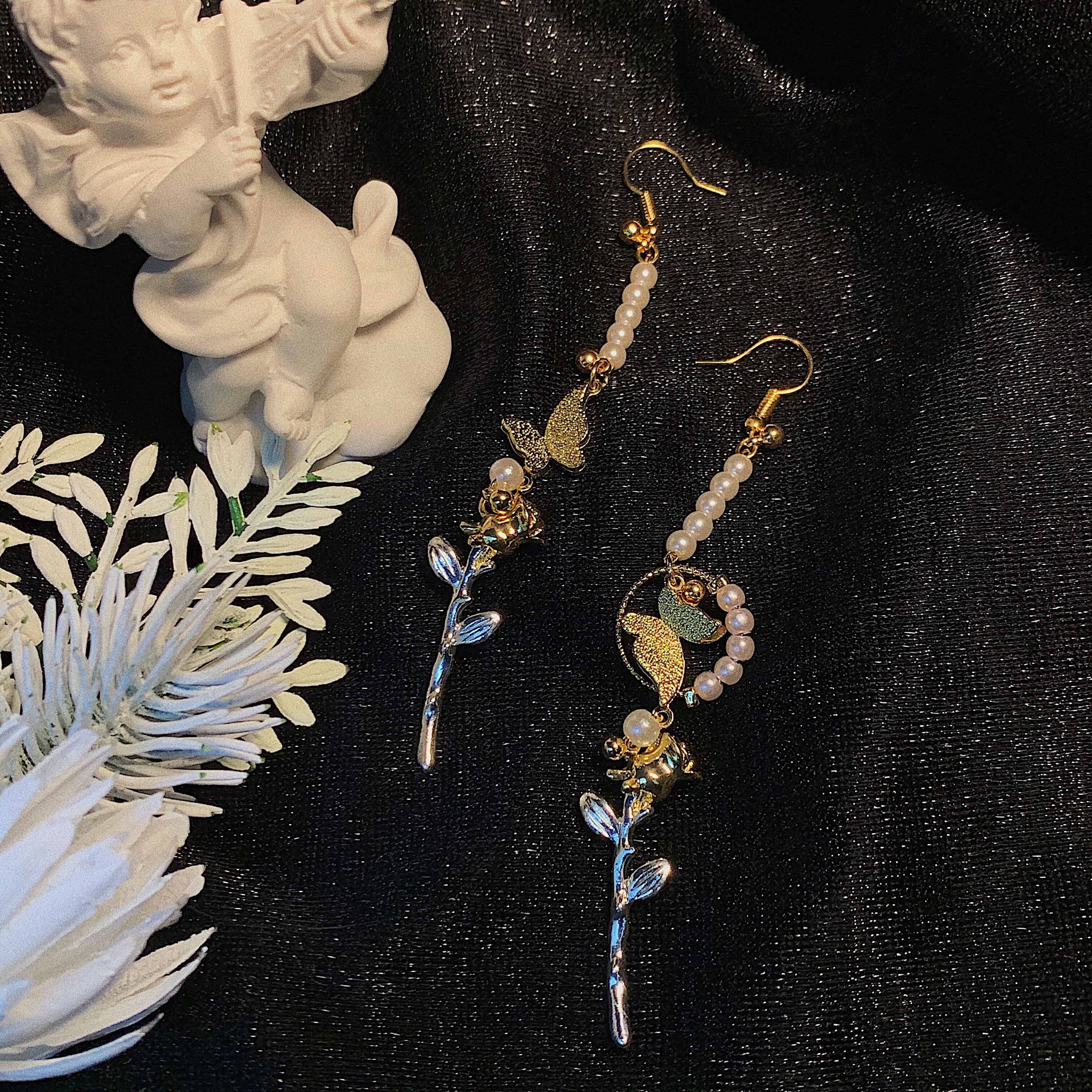 Hand-Made Pearl Butterfly Gold and Silver Rose Ear Clips